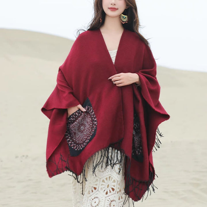 Buddha Stones幾何学模様 円形 曼荼羅柄 タッセルショール 秋冬 ポケット付き 心地よいスカーフ ラップ