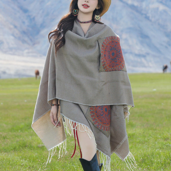 Buddha Stones幾何学模様 円形 曼荼羅柄 タッセルショール 秋冬 ポケット付き 心地よいスカーフ ラップ