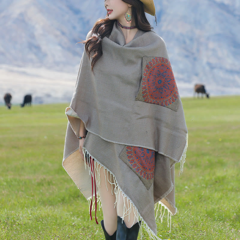 Buddha Stones幾何学模様 円形 曼荼羅柄 タッセルショール 秋冬 ポケット付き 心地よいスカーフ ラップ