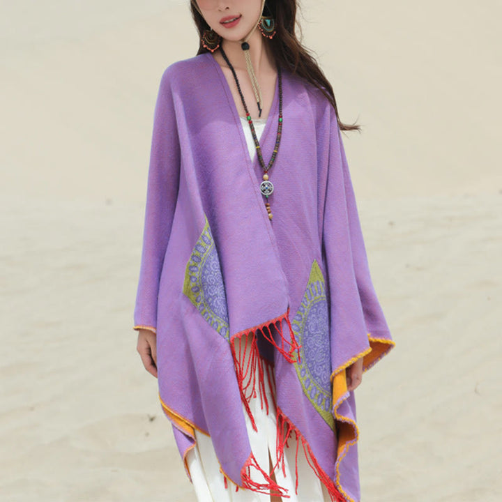 Buddha Stones幾何学模様 円形 曼荼羅柄 タッセルショール 秋冬 ポケット付き 心地よいスカーフ ラップ