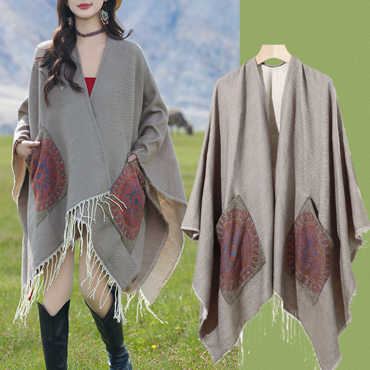 Buddha Stones幾何学模様 円形 曼荼羅柄 タッセルショール 秋冬 ポケット付き 心地よいスカーフ ラップ