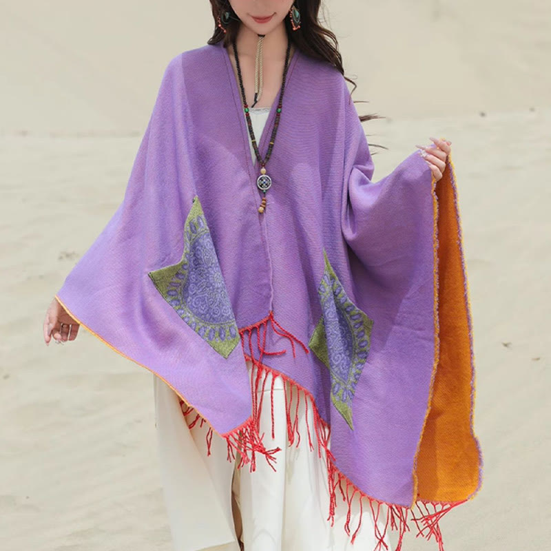 Buddha Stones幾何学模様 円形 曼荼羅柄 タッセルショール 秋冬 ポケット付き 心地よいスカーフ ラップ