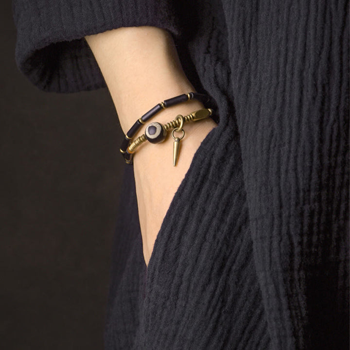 Buddha Stonesブラックオニキス 銅製 Dzi ビーズ コーンペンダント ダブルラップ プロテクションブレスレット