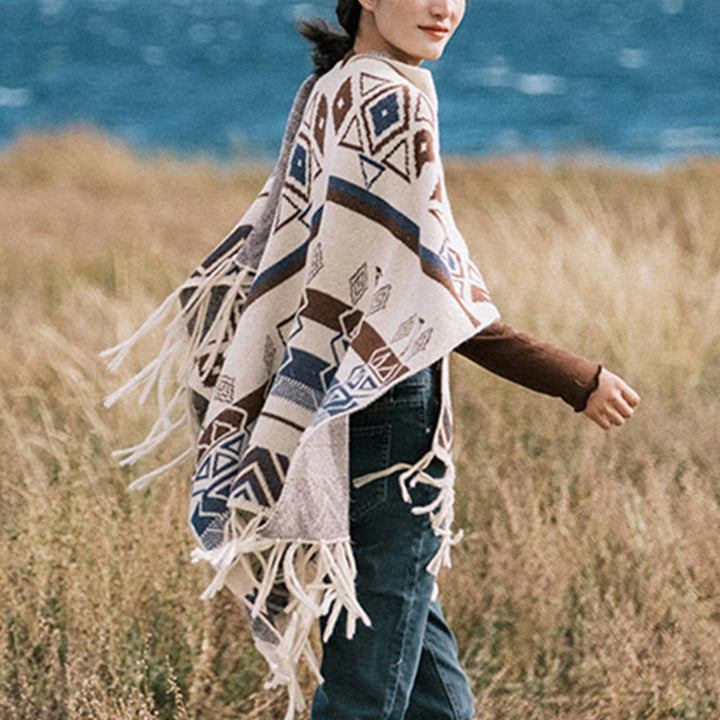 Buddha Stonesチベットウェーブストライプ幾何学タッセルショール秋冬心地よいスカーフラップ