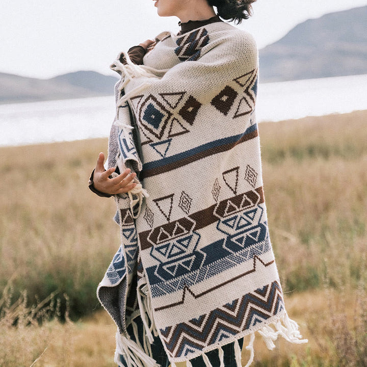 Buddha Stonesチベットウェーブストライプ幾何学タッセルショール秋冬心地よいスカーフラップ