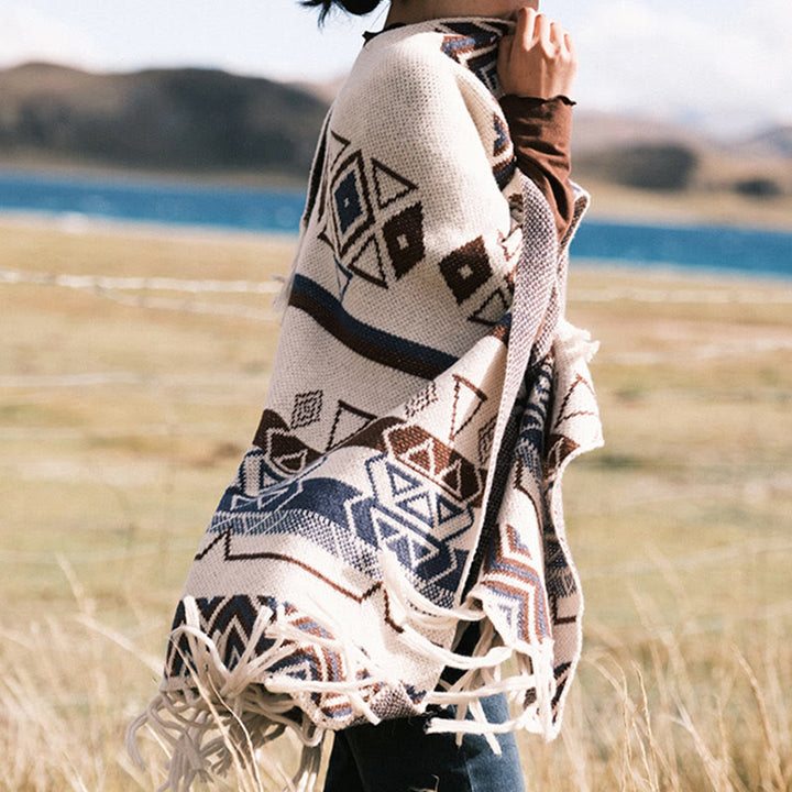 Buddha Stonesチベットウェーブストライプ幾何学タッセルショール秋冬心地よいスカーフラップ