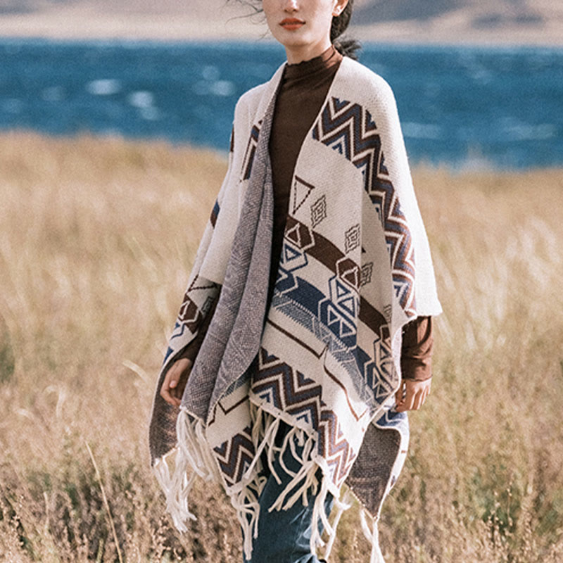 Buddha Stonesチベットウェーブストライプ幾何学タッセルショール秋冬心地よいスカーフラップ