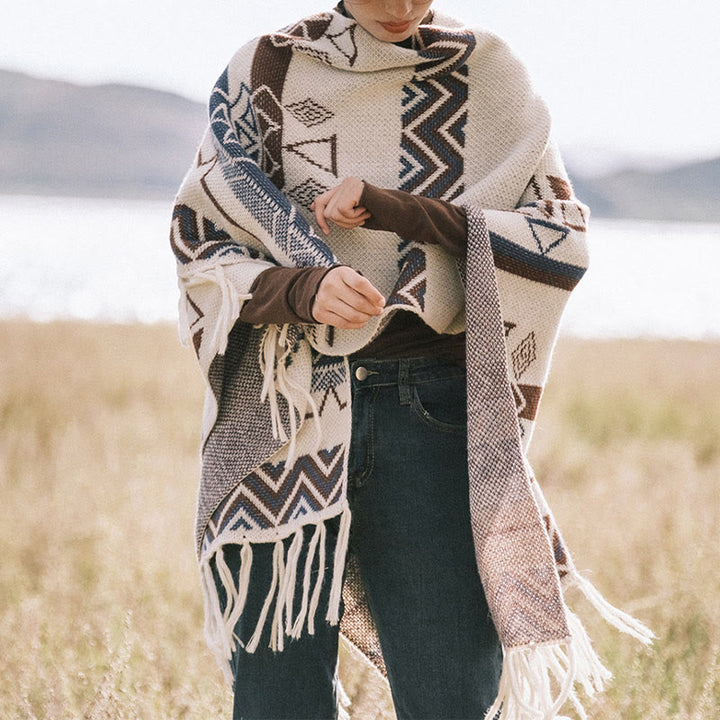 Buddha Stonesチベットウェーブストライプ幾何学タッセルショール秋冬心地よいスカーフラップ