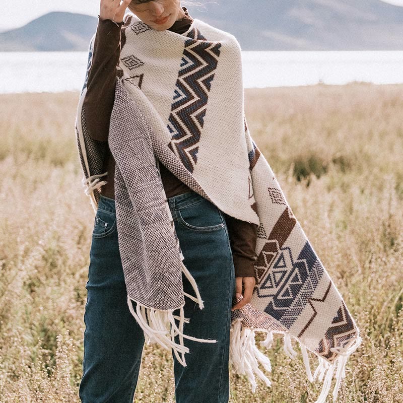 Buddha Stonesチベットウェーブストライプ幾何学タッセルショール秋冬心地よいスカーフラップ