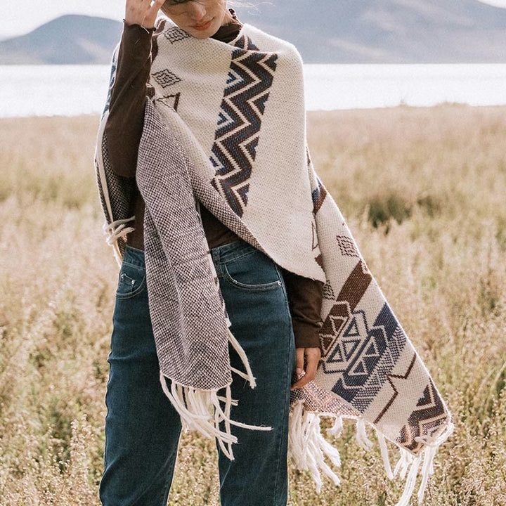 Buddha Stonesチベットウェーブストライプ幾何学タッセルショール秋冬心地よいスカーフラップ