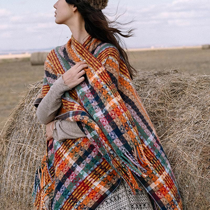 Buddha Stonesチベット カラフル ストライプ 幾何学 タッセル ショール 秋冬 ソフト スカーフ ラップ