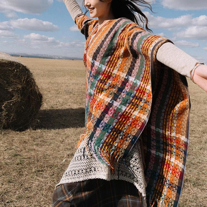 Buddha Stonesチベット カラフル ストライプ 幾何学 タッセル ショール 秋冬 ソフト スカーフ ラップ