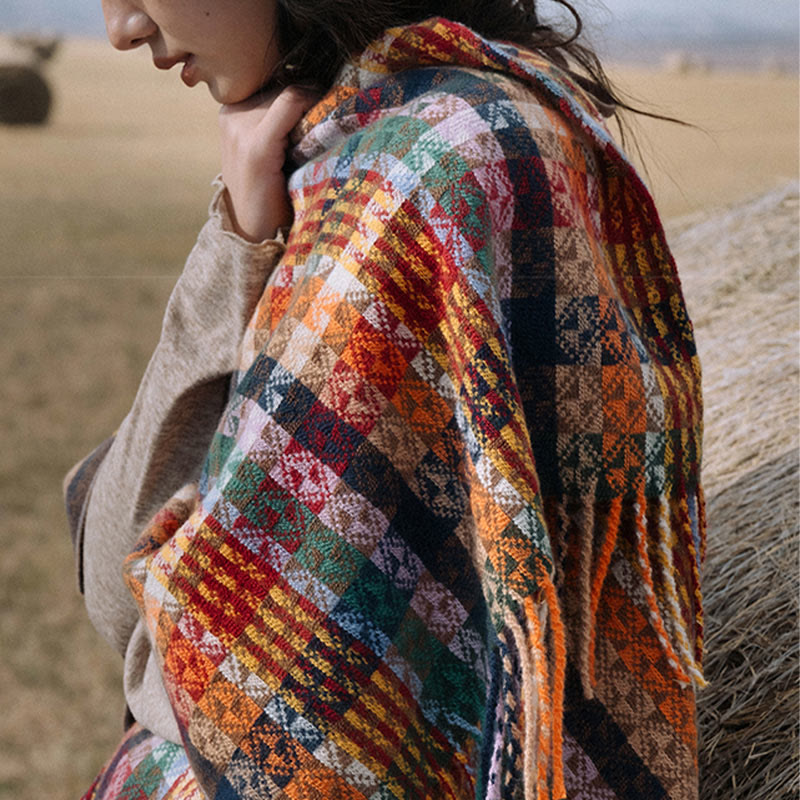 Buddha Stonesチベット カラフル ストライプ 幾何学 タッセル ショール 秋冬 ソフト スカーフ ラップ