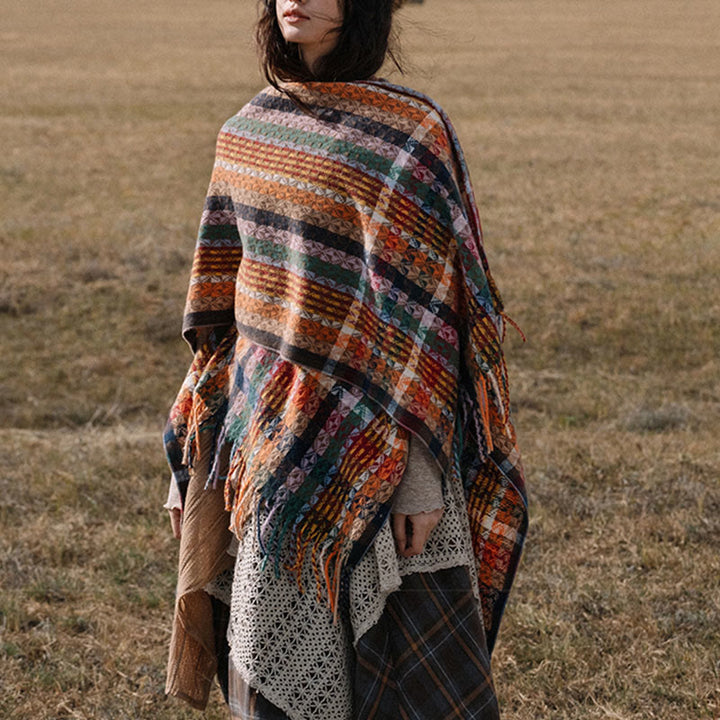 Buddha Stonesチベット カラフル ストライプ 幾何学 タッセル ショール 秋冬 ソフト スカーフ ラップ