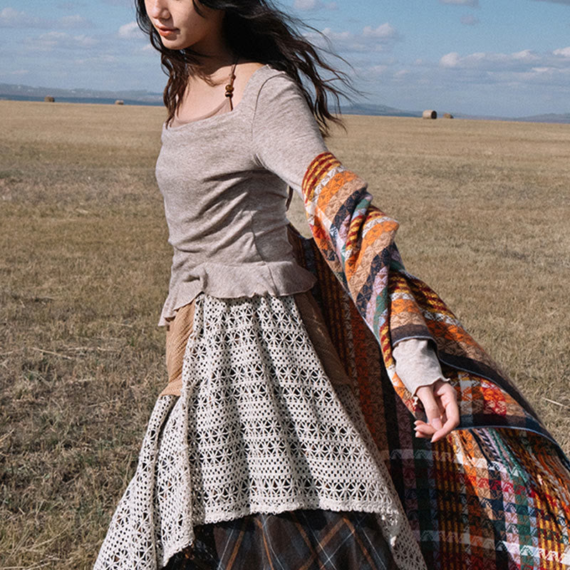 Buddha Stonesチベット カラフル ストライプ 幾何学 タッセル ショール 秋冬 ソフト スカーフ ラップ