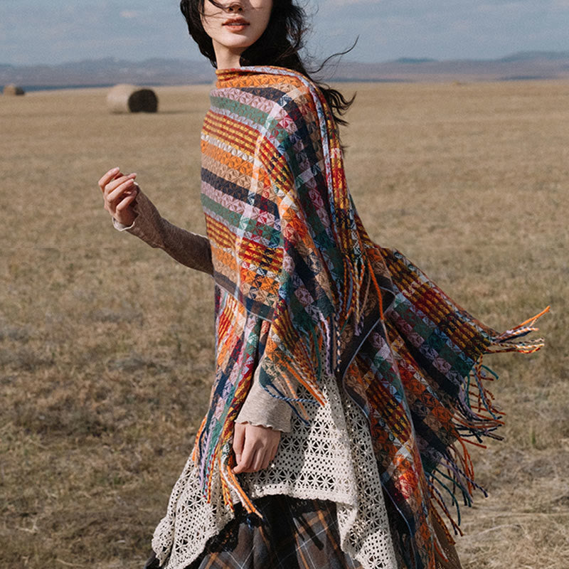 Buddha Stonesチベット カラフル ストライプ 幾何学 タッセル ショール 秋冬 ソフト スカーフ ラップ