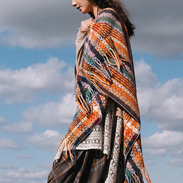 Buddha Stonesチベット カラフル ストライプ 幾何学 タッセル ショール 秋冬 ソフト スカーフ ラップ