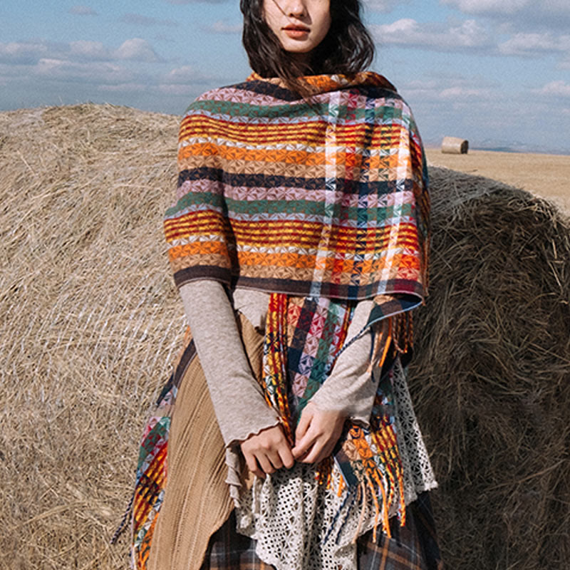 Buddha Stonesチベット カラフル ストライプ 幾何学 タッセル ショール 秋冬 ソフト スカーフ ラップ