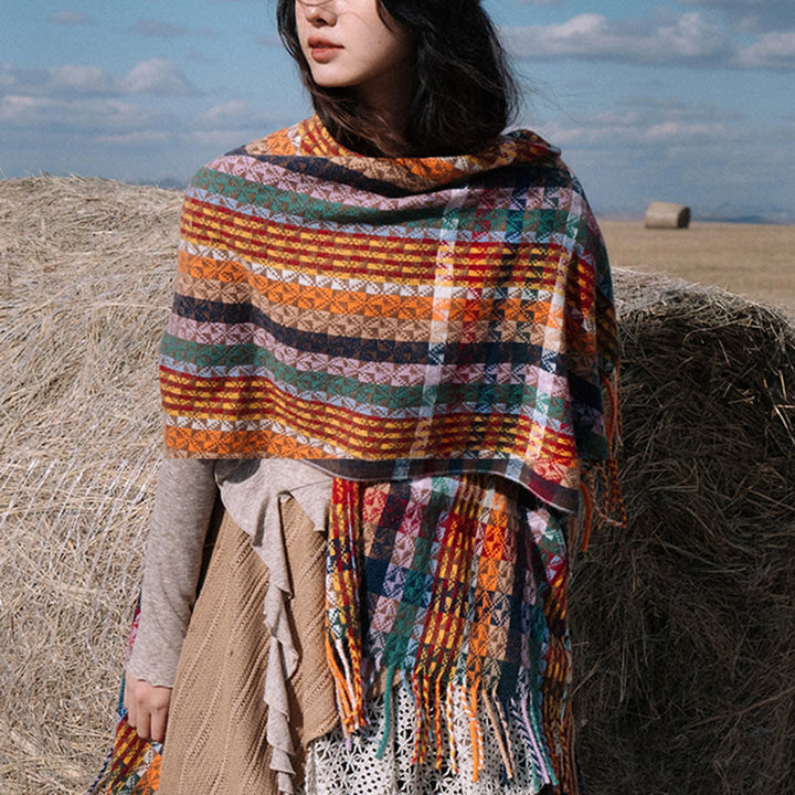 Buddha Stonesチベット カラフル ストライプ 幾何学 タッセル ショール 秋冬 ソフト スカーフ ラップ