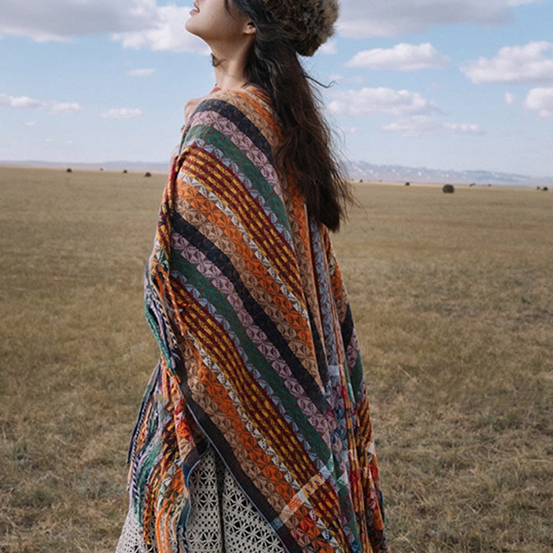 Buddha Stonesチベット カラフル ストライプ 幾何学 タッセル ショール 秋冬 ソフト スカーフ ラップ