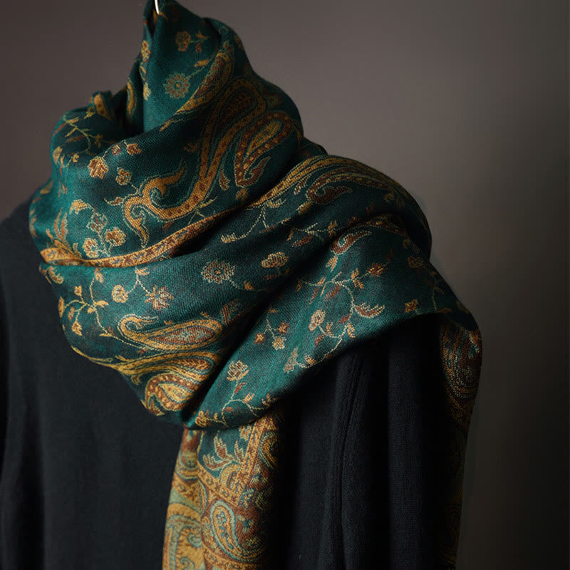 Buddha Stones 秋冬用 チベット風 カシューナッツ&花つる模様 タッセル付き柔らかショールスカーフ