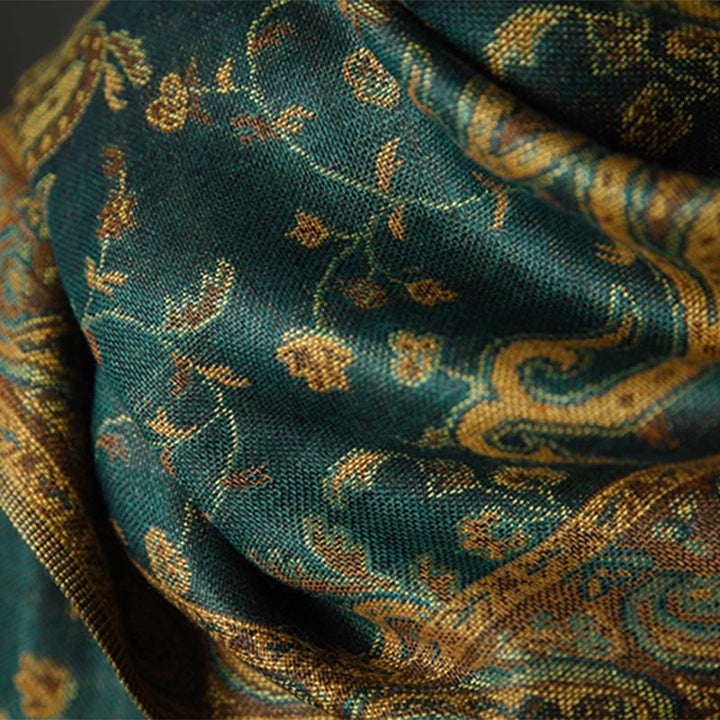 Buddha Stones 秋冬用 チベット風 カシューナッツ&花つる模様 タッセル付き柔らかショールスカーフ