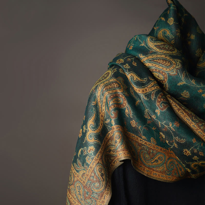 Buddha Stones 秋冬用 チベット風 カシューナッツ&花つる模様 タッセル付き柔らかショールスカーフ