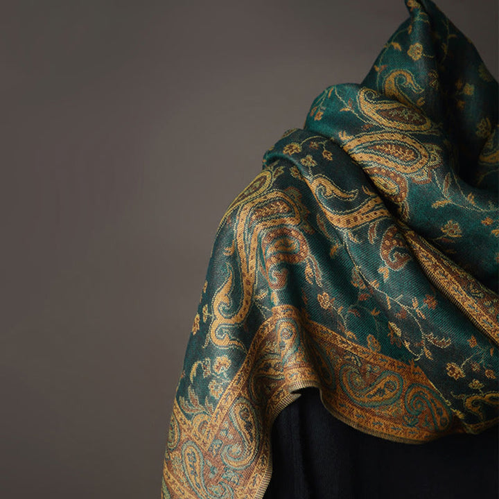 Buddha Stones 秋冬用 チベット風 カシューナッツ&花つる模様 タッセル付き柔らかショールスカーフ