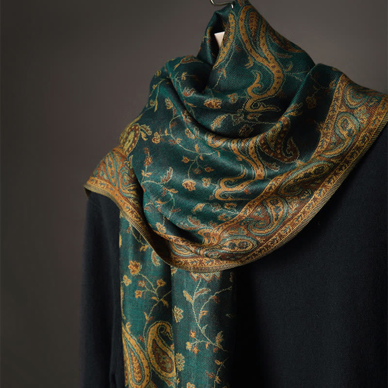 Buddha Stones 秋冬用 チベット風 カシューナッツ&花つる模様 タッセル付き柔らかショールスカーフ