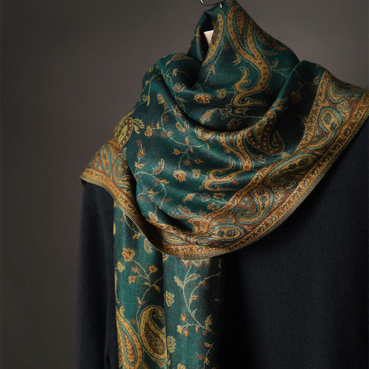 Buddha Stones 秋冬用 チベット風 カシューナッツ&花つる模様 タッセル付き柔らかショールスカーフ