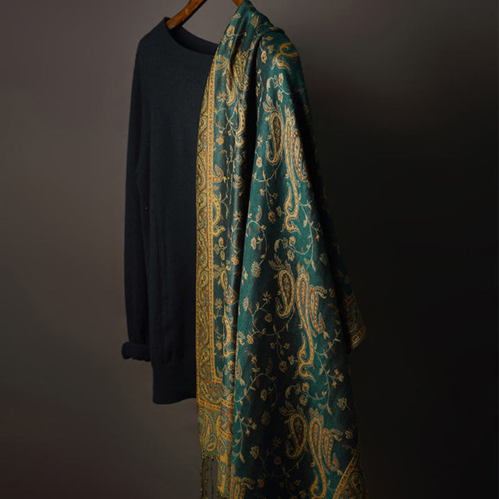 Buddha Stones 秋冬用 チベット風 カシューナッツ&花つる模様 タッセル付き柔らかショールスカーフ