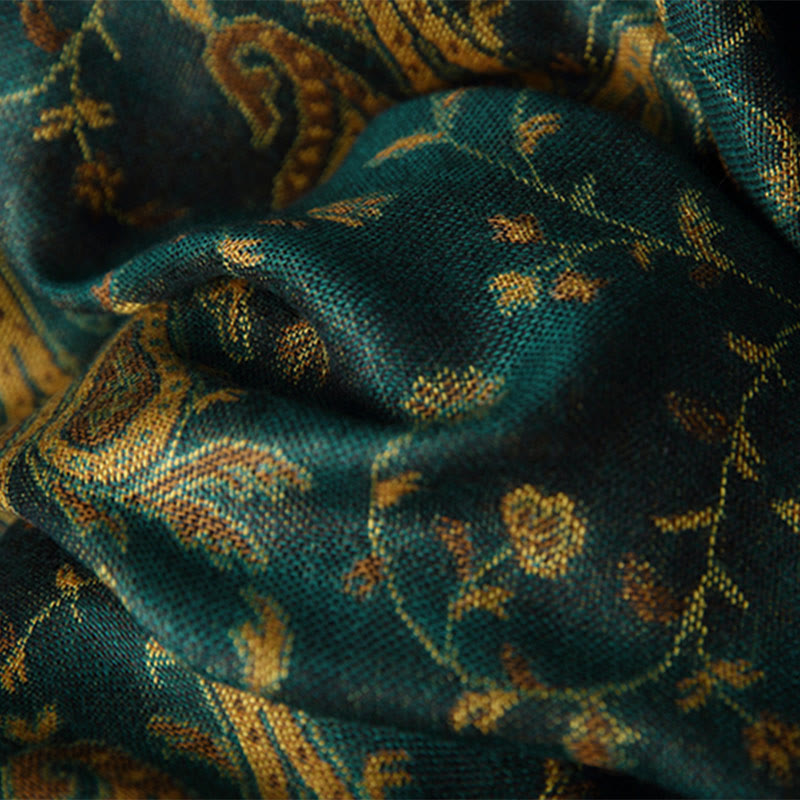 Buddha Stones 秋冬用 チベット風 カシューナッツ&花つる模様 タッセル付き柔らかショールスカーフ