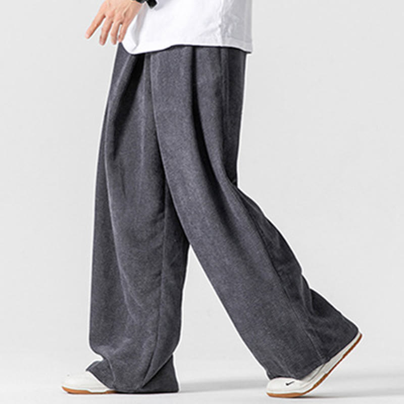 Buddha Stones無地コットンコーデュロイメンズワイドレッグパンツ(ポケット付き)