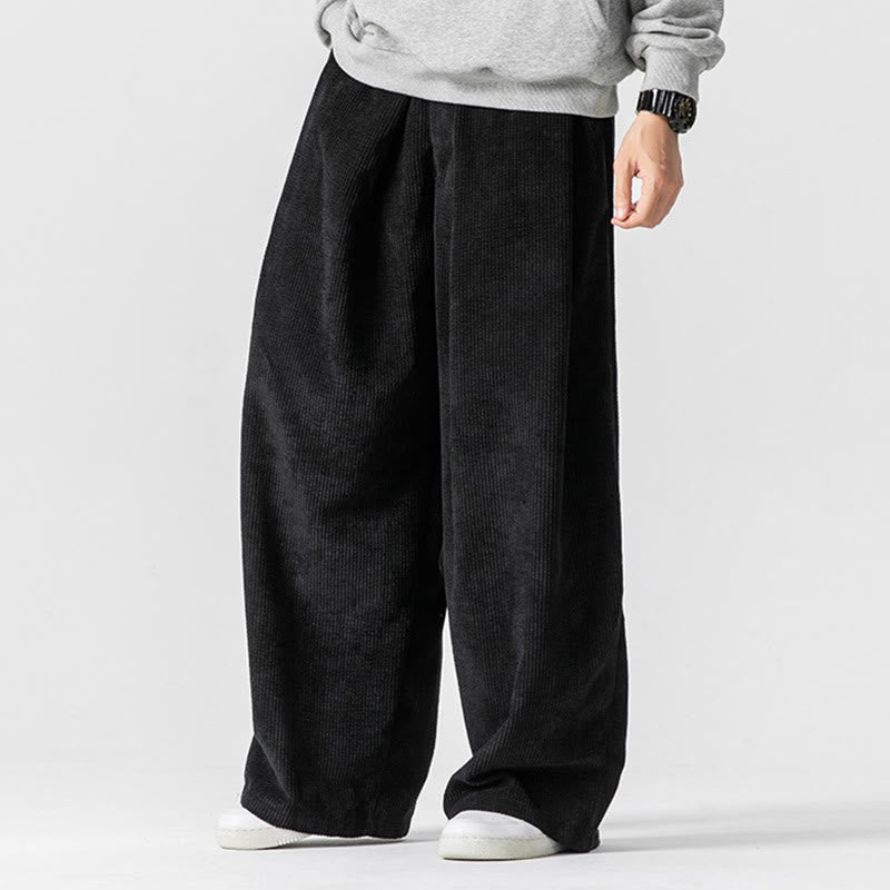 Buddha Stones無地コットンコーデュロイメンズワイドレッグパンツ(ポケット付き)