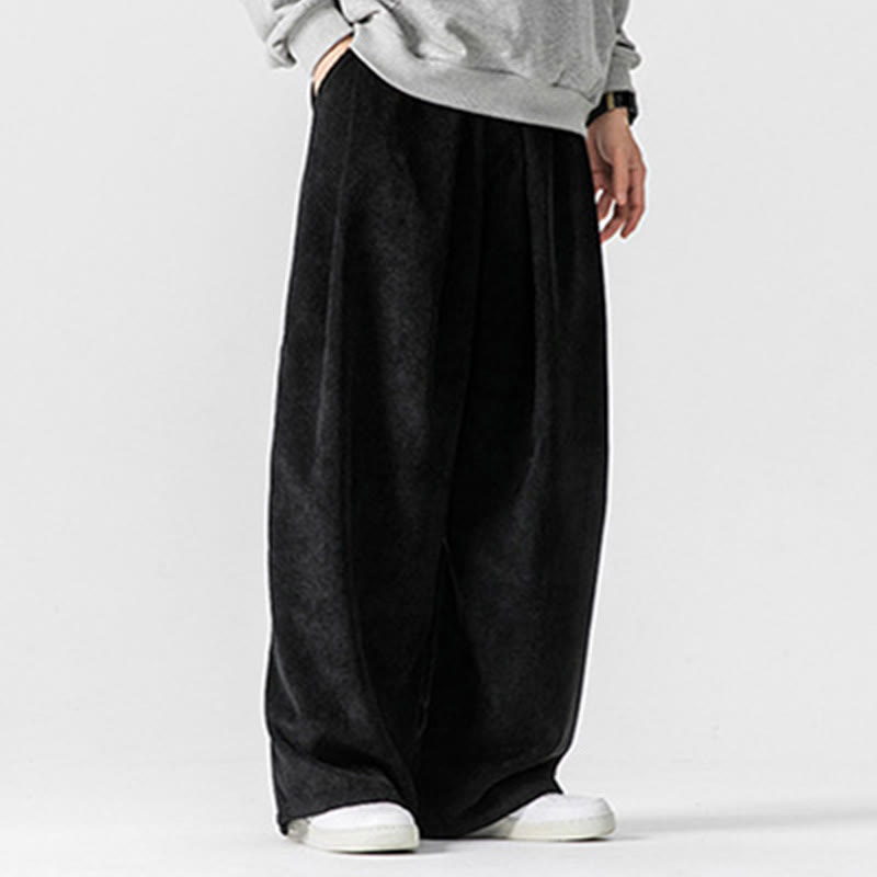 Buddha Stones無地コットンコーデュロイメンズワイドレッグパンツ(ポケット付き)
