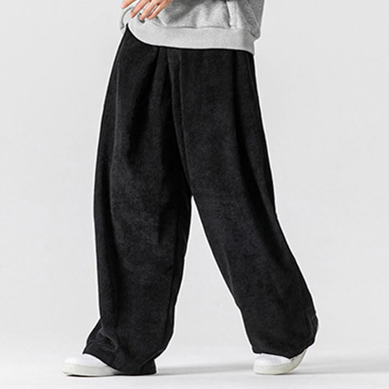 Buddha Stones無地コットンコーデュロイメンズワイドレッグパンツ(ポケット付き)