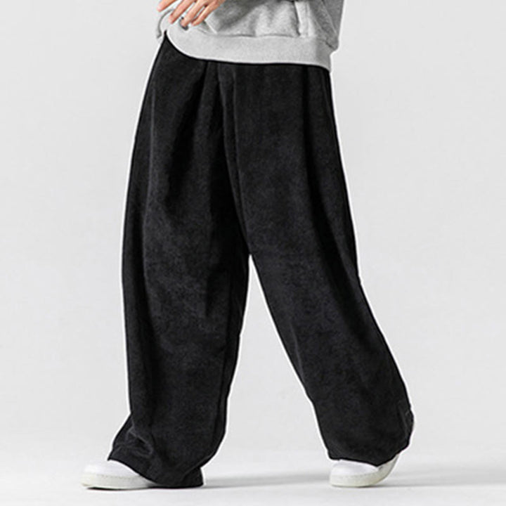 Buddha Stones無地コットンコーデュロイメンズワイドレッグパンツ(ポケット付き)