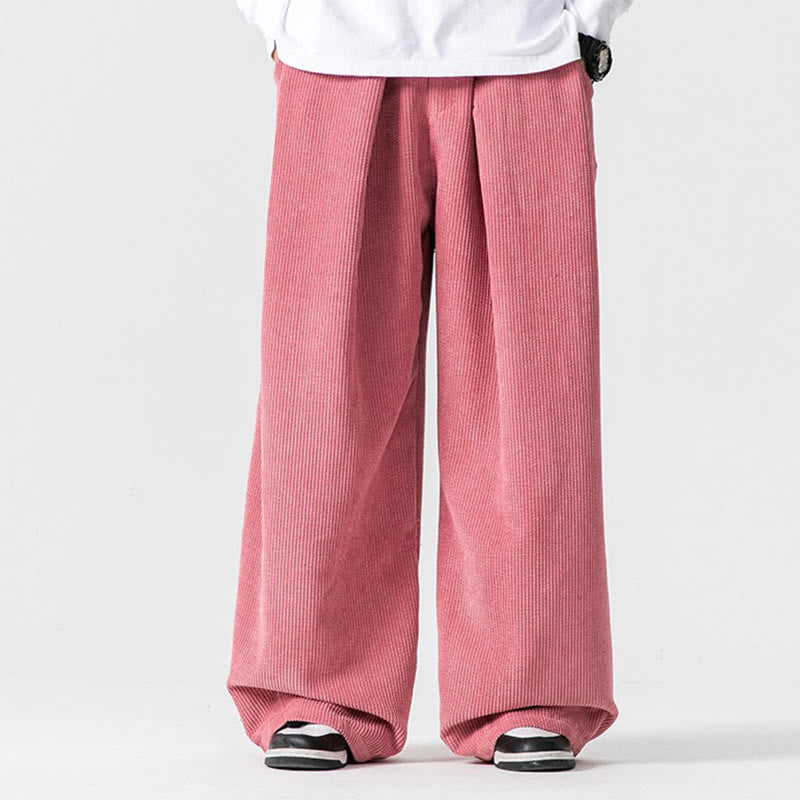 Buddha Stones無地コットンコーデュロイメンズワイドレッグパンツ(ポケット付き)