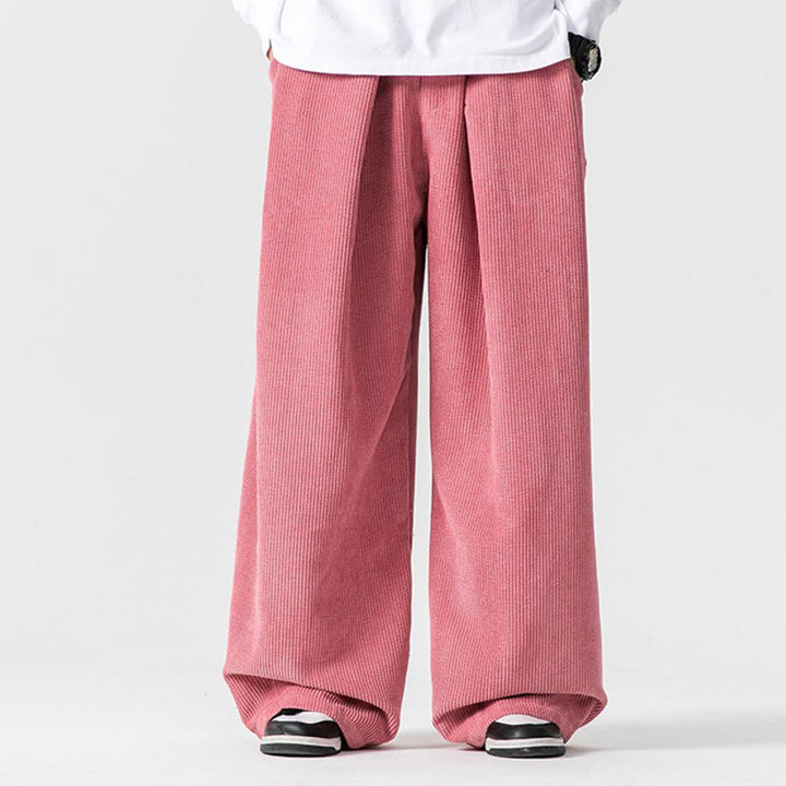 Buddha Stones無地コットンコーデュロイメンズワイドレッグパンツ(ポケット付き)