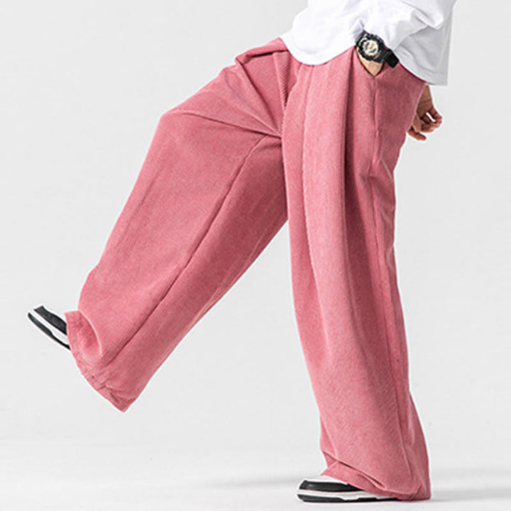 Buddha Stones無地コットンコーデュロイメンズワイドレッグパンツ(ポケット付き)