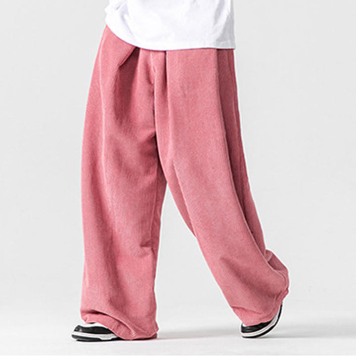 Buddha Stones無地コットンコーデュロイメンズワイドレッグパンツ(ポケット付き)