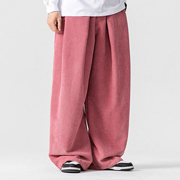 Buddha Stones無地コットンコーデュロイメンズワイドレッグパンツ(ポケット付き)