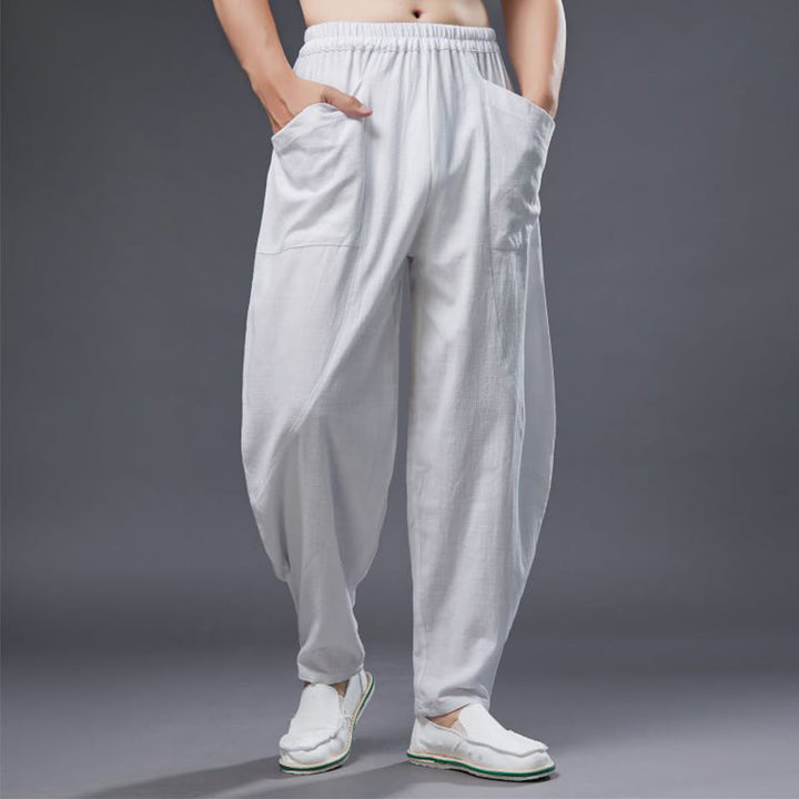 Buddha Stones無地コットンラミーリネンメンズ伸縮性ウエストハーレムパンツ(ポケット付き)