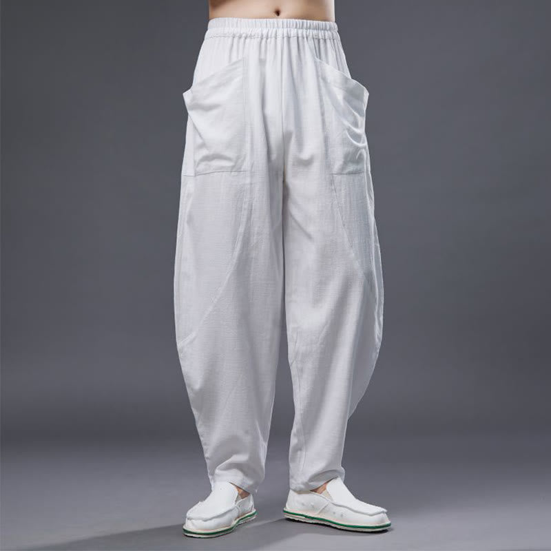 Buddha Stones無地コットンラミーリネンメンズ伸縮性ウエストハーレムパンツ(ポケット付き)