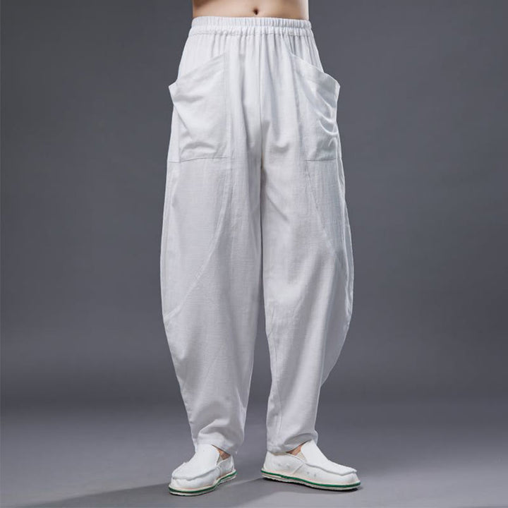 Buddha Stones無地コットンラミーリネンメンズ伸縮性ウエストハーレムパンツ(ポケット付き)