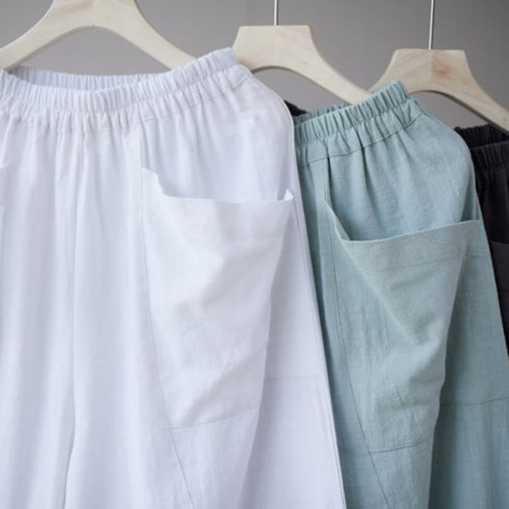 Buddha Stones無地コットンラミーリネンメンズ伸縮性ウエストハーレムパンツ(ポケット付き)