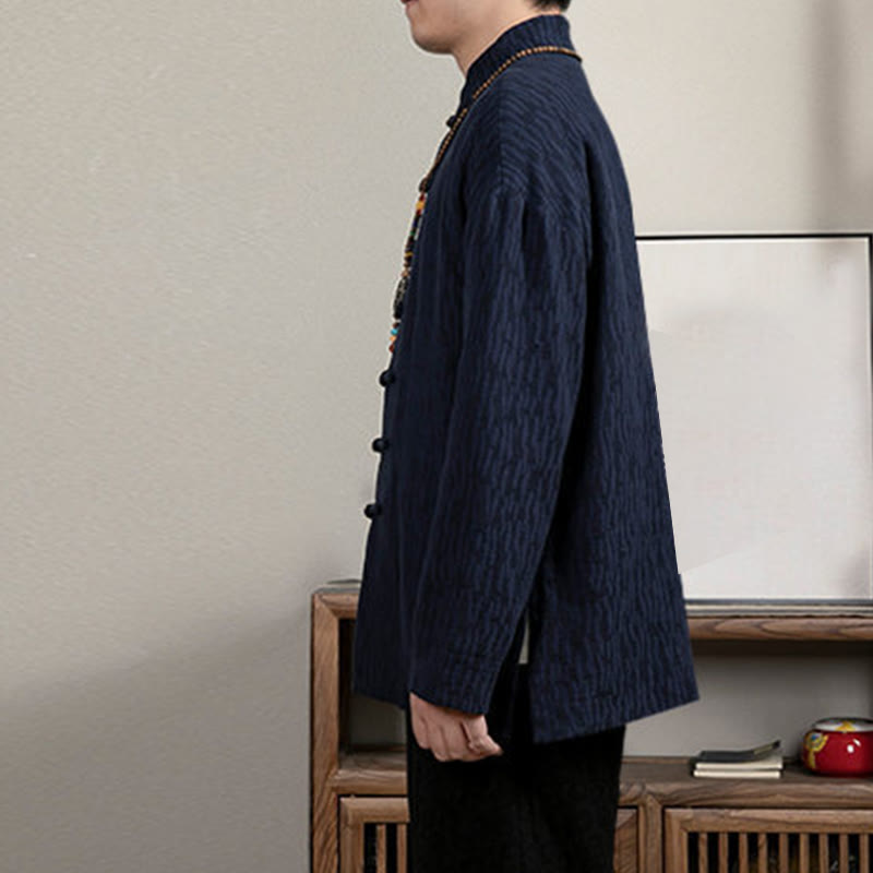 Buddha Stonesカジュアル フロッグボタン タンスーツ ジャカード リネン メンズ シャツ