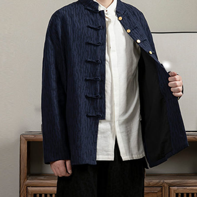 Buddha Stonesカジュアル フロッグボタン タンスーツ ジャカード リネン メンズ シャツ