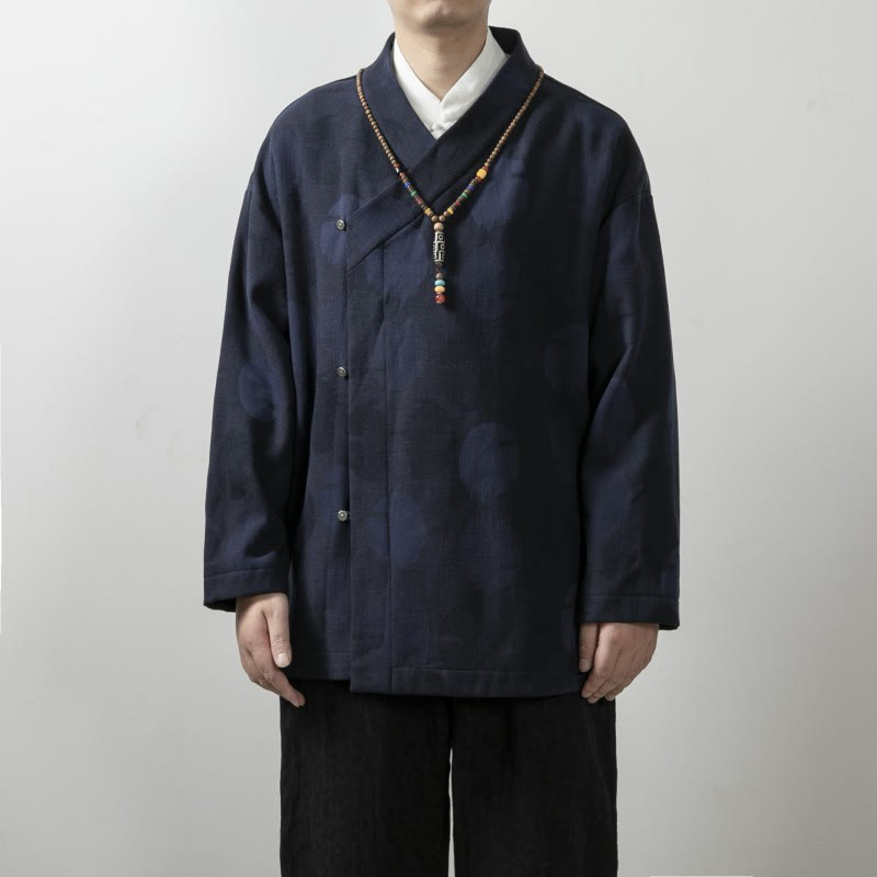 Buddha Stones無地 メンズ Vネック 長袖シャツ ジャカード コットン 衣類