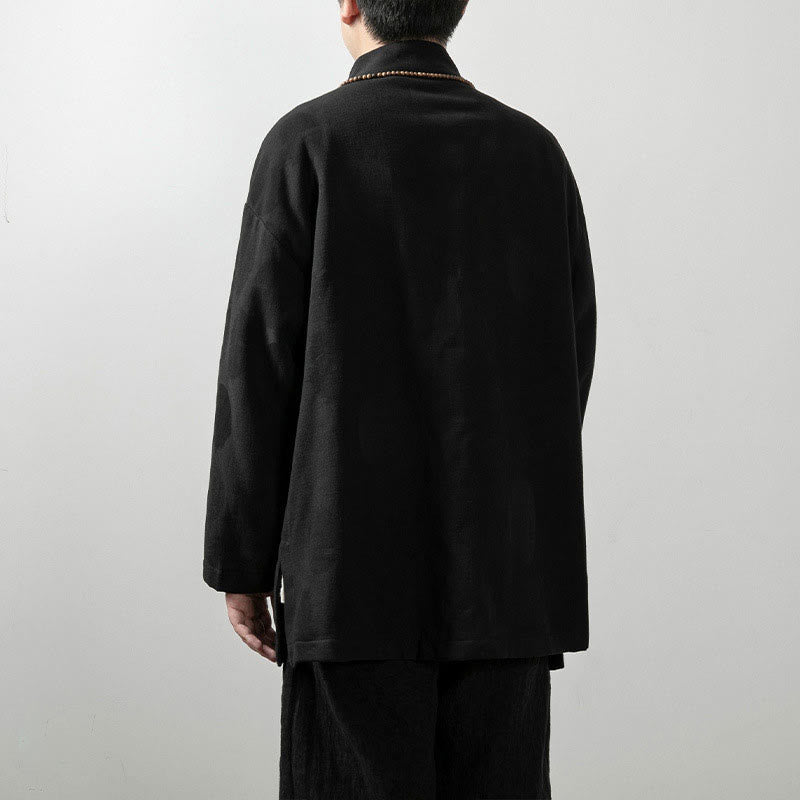 Buddha Stones無地 メンズ Vネック 長袖シャツ ジャカード コットン 衣類